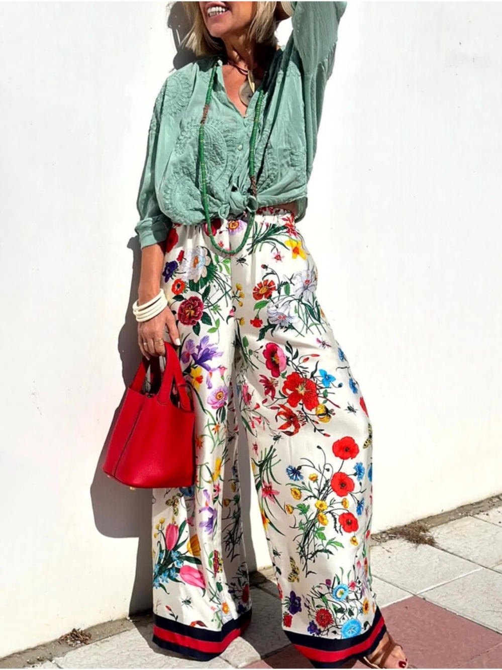 🌸💐🪴🌻Floral Wide-Leg Palazzo Pants in Ivory - Picture 7 of 9